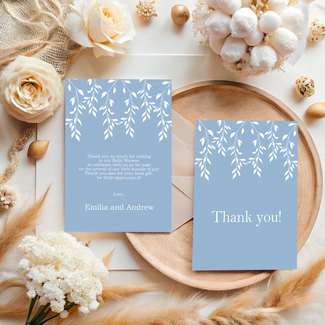 Blue Thank You Card, Baby Shower Thank You Card , Cute Floral ...