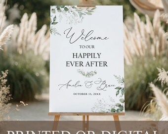 Letrero impreso o digital "Felices para siempre", señalización para la recepción posterior a la boda con motivos vegetales, cartel de bienvenida para la fiesta posterior a la boda con eucalipto, B-1