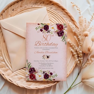 Rose Gold Bearbeitbare 90. Geburtstagseinladung für Frauen Blumen Aquarell druckbare Vorlage Meilenstein-Geburtstagsfeier einladen, BA13