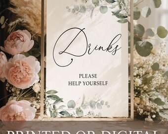 Letrero impreso o digital para mesa de bebidas, letrero "Sírvase usted mismo", letrero para bar de boda con vegetación, decoración de estación de bebidas de eucalipto, B-1