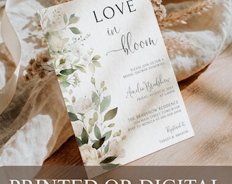 PRINTED or DIGITAL Love in Bloom Bridal Shower Invitation White Floral Botanical Roses, PM1