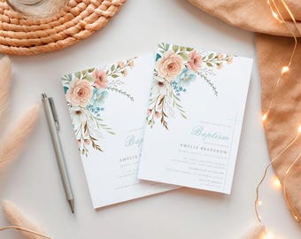 Baptism Invitation Girl, Floral Christening Invite, Watercolor Flowers Digital Template, Editable Catholic Ceremony Printable Card, BP15