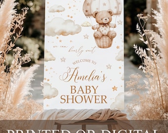 PRINTED or DIGITAL We Can Bearly Wait Baby Shower Welcome Sign Teddy Bear Hot Air Balloon Neutral, B35