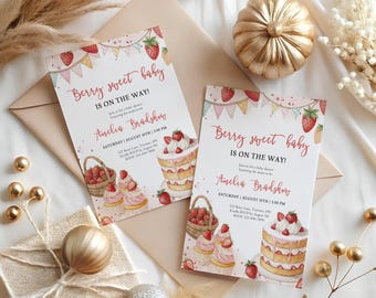 Strawberry Baby Shower Invitation Printable | Berry Sweet Girl Baby Shower Invite Digital Download BS-23