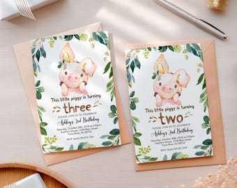 This Little Piggy is Turning Three, Invitation Cute Pig, 3rd Birthday Invite, Watercolor Farm Animal Birthday,  Digital Printable Card BK11