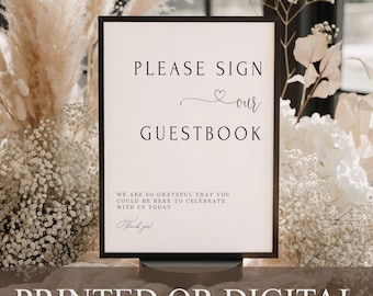 Letrero de libro de visitas para bodas IMPRESO o DIGITAL, Póster minimalista para libro de visitas de bodas, Libro de visitas elegante, Letrero moderno "Por favor, firme nuestro libro de visitas" M1