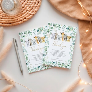 Plantilla de tarjeta de agradecimiento para baby shower de safari, nota de agradecimiento de animales de la selva, tarjeta editable para baby shower, descarga digital para género neutro, TH-10