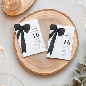 Anniversaire de seize ans avec noeud noir élégant, modèle d'invitation d'anniversaire, conception de cartes minimaliste, invitation numérique sophistiquée pour tout âge, BT1