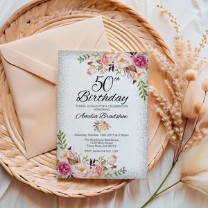 Silver Glitter Floral Birthday Invitation – Elegant Printable Party Invite for 60th 70th 80th 90th Milestone,BA8