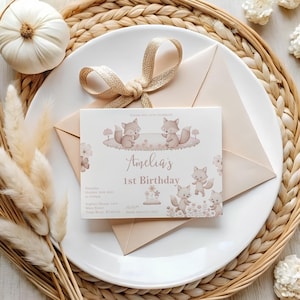 Faire-part d'anniversaire renard, faire-part d'anniversaire petit renard, carte animal mignon, renard et fleurs, invitation de fête mignonne, BK141