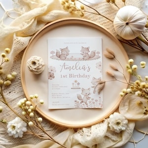 Faire-part d'anniversaire renard, faire-part d'anniversaire petit renard, carte animal mignon, renard et fleurs, invitation de fête mignonne, BK140
