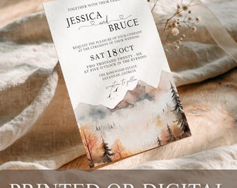 PRINTED or DIGITAL Autumn Mountain Wedding Invitation Fall Watercolor Rustic Pine Forest, MN33-1