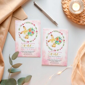 Little Bunny Birthday Invitation, Girl 1st Birthday Invite, Watercolor Bunny With Flowers, Pink Floral Party, Digital Custom One Invite,BK18