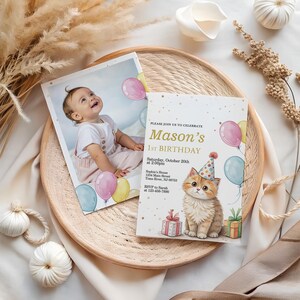 Cute Cat Birthday Invitation for Kids with Balloons & Gift, Digital 5x7 or 4x6 Party Invite, Editable Printable BK64