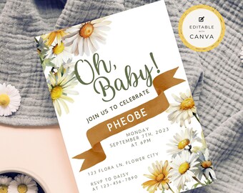 Può includere: Un invito per un baby shower con il testo "Oh, Baby!" e "Join us to celebrate PHEOBE". L'invito presenta margherite ad acquerello e un nastro marrone. Include data, ora e luogo.