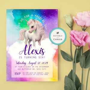 Unicorn Birthday Invitation INSTANT DOWNLOAD, cute bday invite, rainbow, colorful, pretty, pink, purple, girly, girl - CK016
