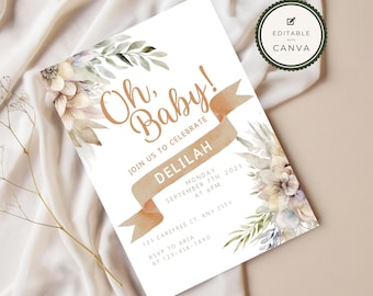 Boho Floral Baby Shower Invitation INSTANT DOWNLOAD, cute flower invite, beige, tan, brown, gender neutral, boy, girl - CK010