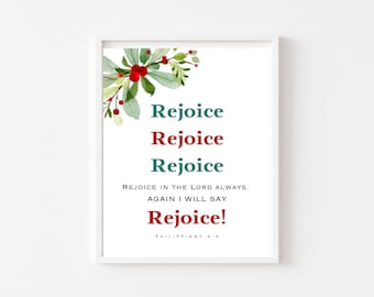 Philippians 4:4 NKJV, Rejoice in the Lord, Christmas Bible Verse Wall Art Printable, Christian Home Decor, Scripture Art, Digital Download