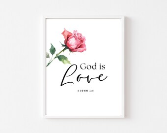 I John 4:8, God is Love Bible Verse Printable Wall Art, Scripture Wall Art, Christian Home Décor, Love Scripture, Digital Download