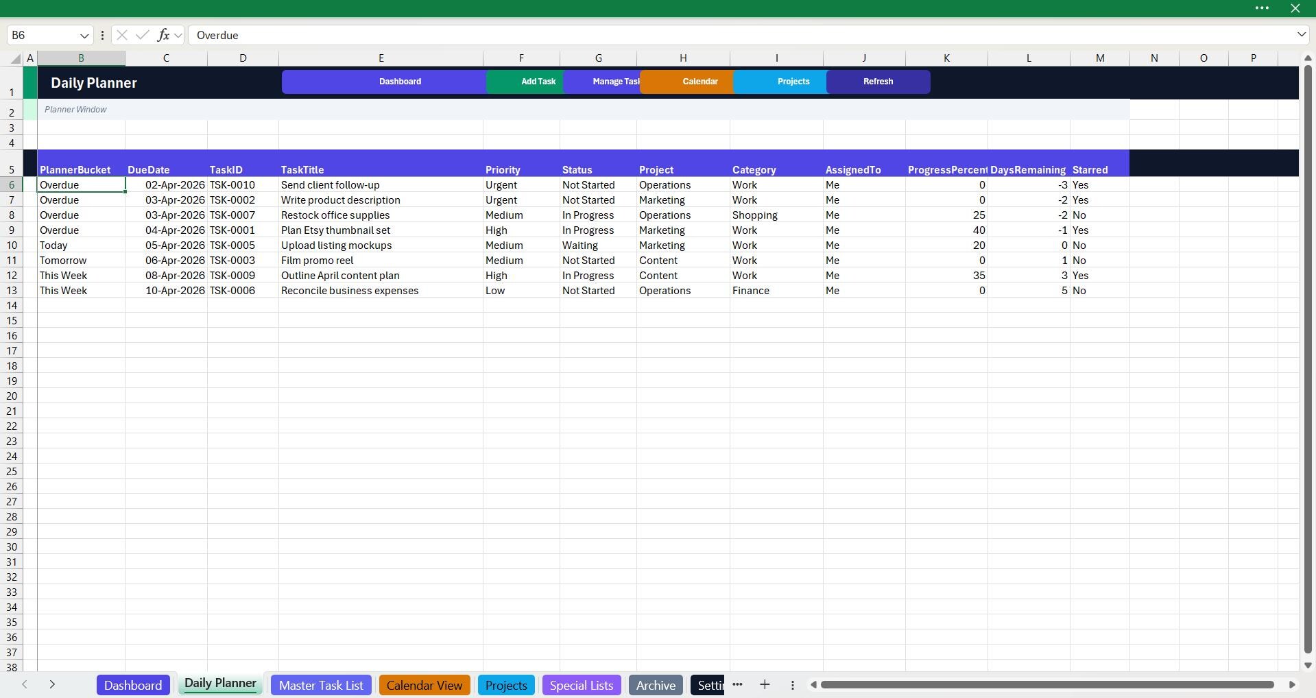 Automated Excel Task Tracker Template | Daily Planner, Calendar ...