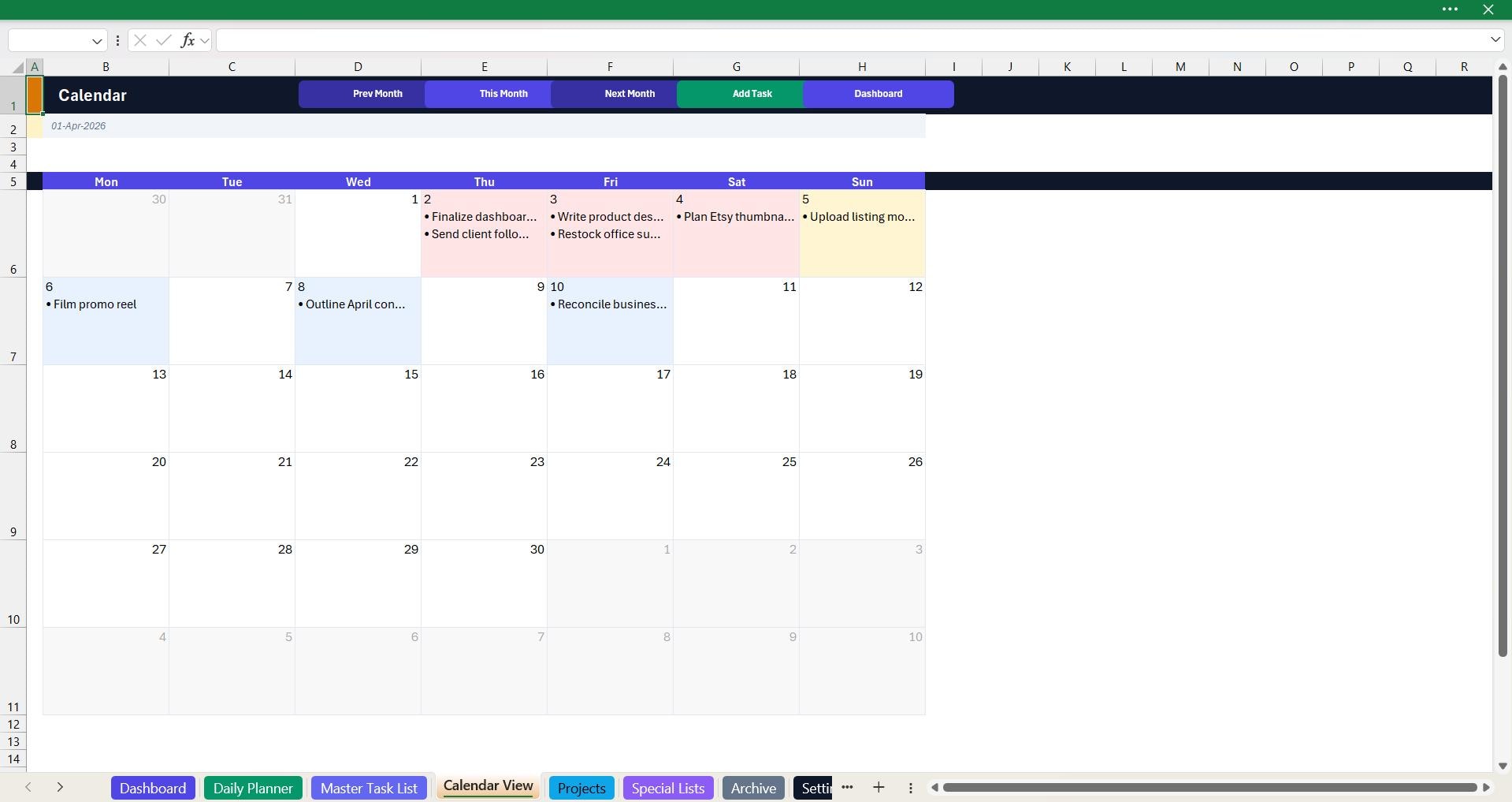 Automated Excel Task Tracker Template | Daily Planner, Calendar ...