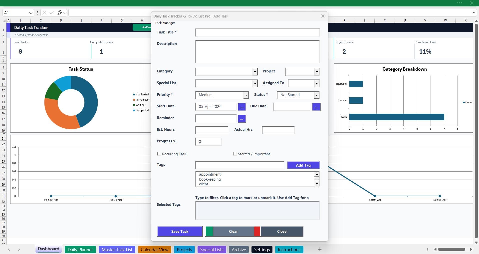Automated Excel Task Tracker Template | Daily Planner, Calendar ...
