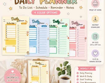 Kawaii Daily Planner Printable, A4 Schedule To Do List (Digital Download)