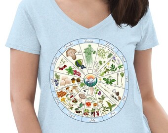 Foraging Wheel Calendar Illustrated plants Women’s Recycled V-Neck t-shirt Eco Friendly shirt Colorado Foliage Mushrooms | Sboccio Designs