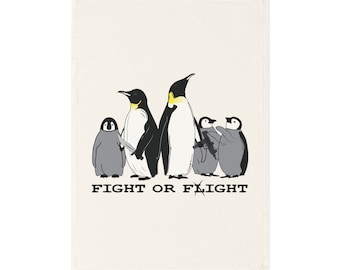 Fight or Flight Penguin Mom, Dad, 3 Babies Cotton Tea Towel | Sboccio Designs