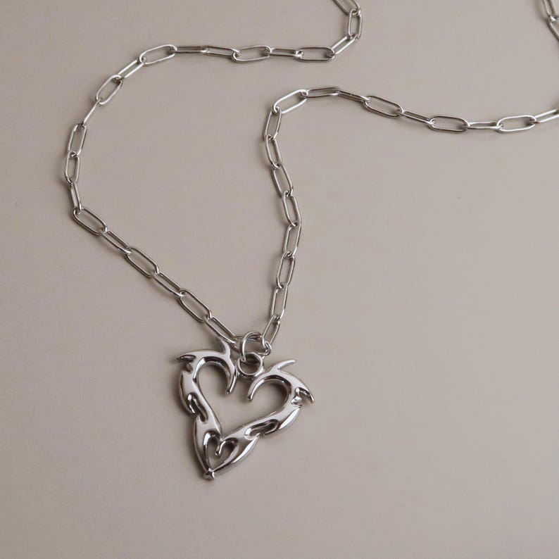 JIN - Cybersigilism Heart Necklace | Unisex Stainless Steel Necklace with Heart Pendant | Edgy E-Girl Jewelry in Silver image 6
