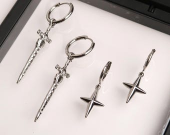 RYU - Sword and Star Earrings | Silver Stainless Steel Huggies with Pendant | Edgy E-Girl Goth Jewelry