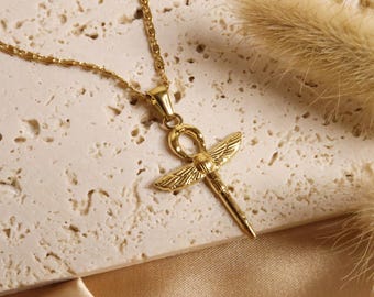 ANUKET - Gold Stainless Steel Necklace with Egyptian Cross Pendant | Dragonfly Design in Egyptian Ankh Style | Symbolic Unisex Jewelry