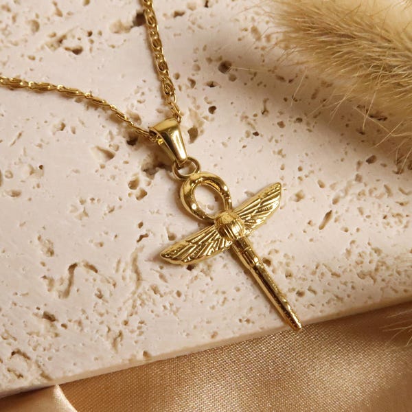 ANUKET - Gold Stainless Steel Necklace with Egyptian Cross Pendant | Dragonfly Design in Egyptian Ankh Style | Symbolic Unisex Jewelry