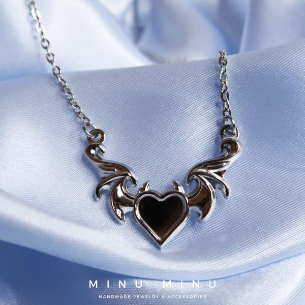 NYA - Edgy Stainless Steel Chain | Heart pendant with devil horns & bat wings | Y2K, Egirl, Goth, Punk, Grunge, Cool Girl Necklace