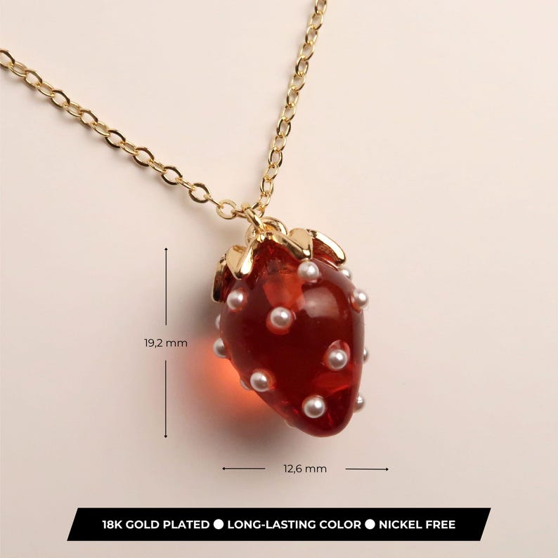 JUNA - Strawberry Necklace in Red & Pink | Delicate 18K Gold Plated Chain with Strawberry Pendant | Sweet Summer Jewelry image 3
