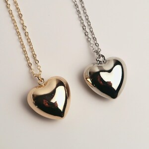 May include: Two necklaces featuring smooth, polished heart-shaped pendants. One pendant is gold-toned and hangs from a matching gold-toned chain, while the other is silver-toned and hangs from a matching silver-toned chain. Both have a reflective finish.