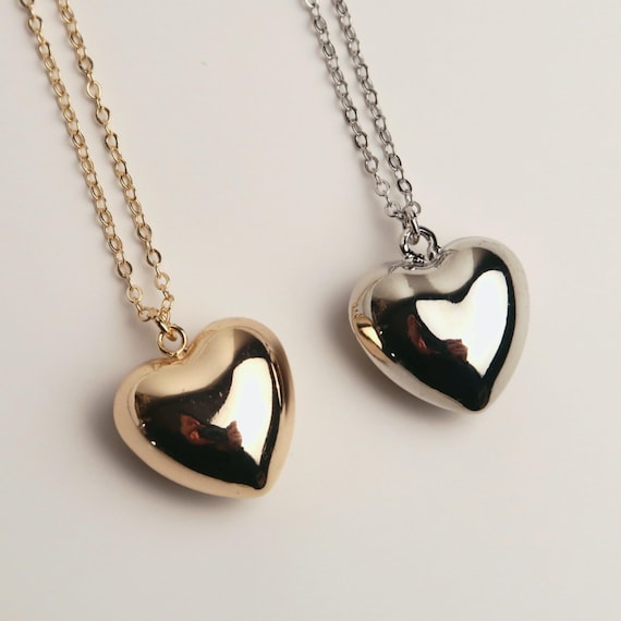 Herz Halskette in Gold & Silber • Minimalistische 18K Vergoldete Kette mit Puffy Herz Anhänger