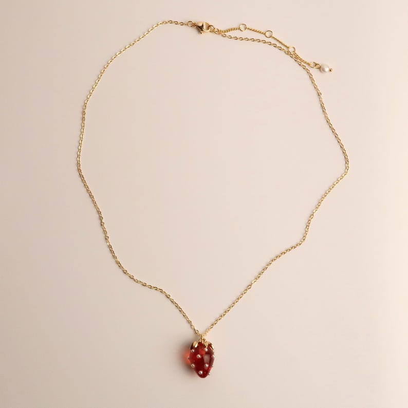 JUNA - Strawberry Necklace in Red & Pink | Delicate 18K Gold Plated Chain with Strawberry Pendant | Sweet Summer Jewelry image 2