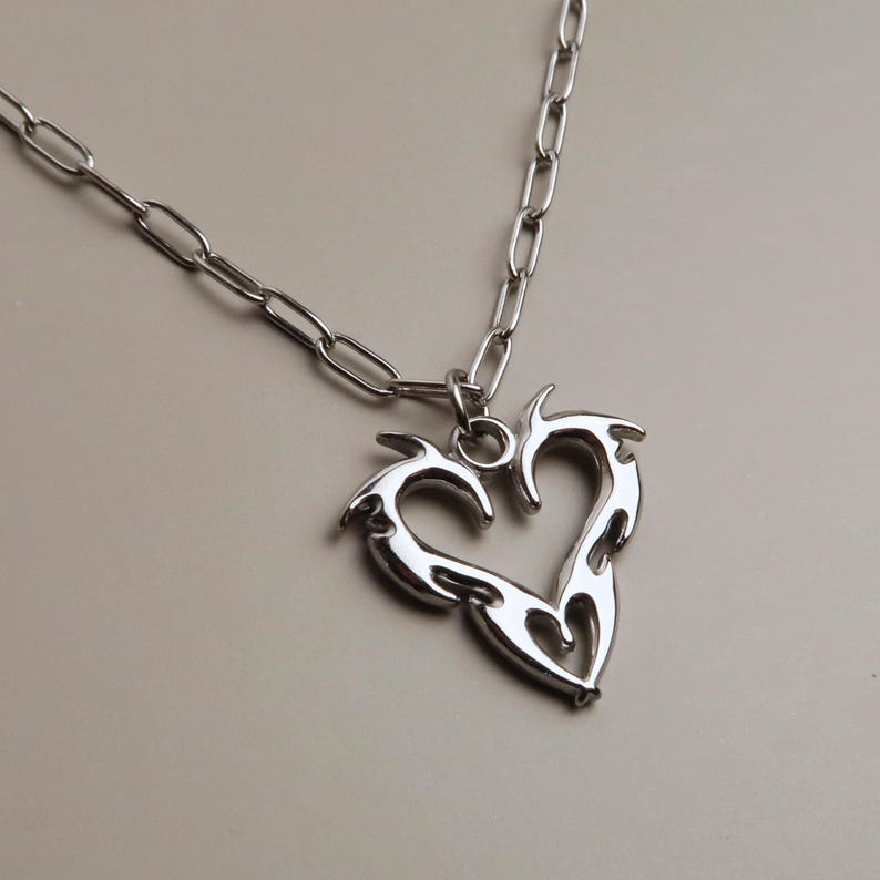 JIN - Cybersigilism Heart Necklace | Unisex Stainless Steel Necklace with Heart Pendant | Edgy E-Girl Jewelry in Silver image 1