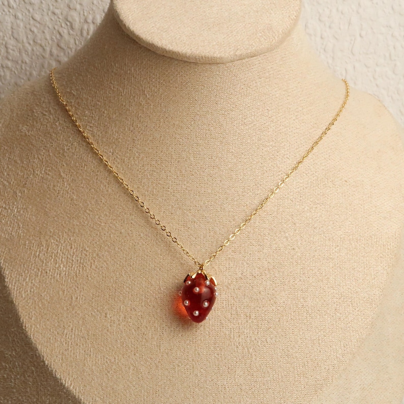 JUNA - Strawberry Necklace in Red & Pink | Delicate 18K Gold Plated Chain with Strawberry Pendant | Sweet Summer Jewelry image 9