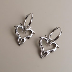 YIN - Cybersigilism Heart Earrings | Stainless steel huggies with heart pendant | Edgy E-Girl jewelry in silver