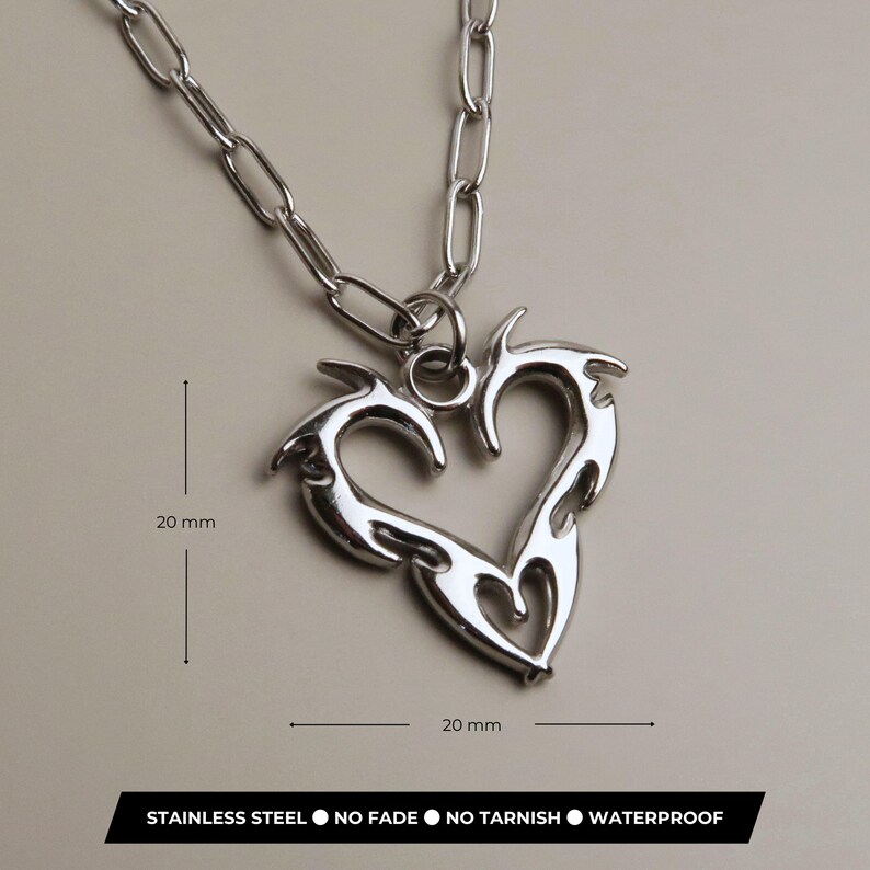JIN - Cybersigilism Heart Necklace | Unisex Stainless Steel Necklace with Heart Pendant | Edgy E-Girl Jewelry in Silver image 3