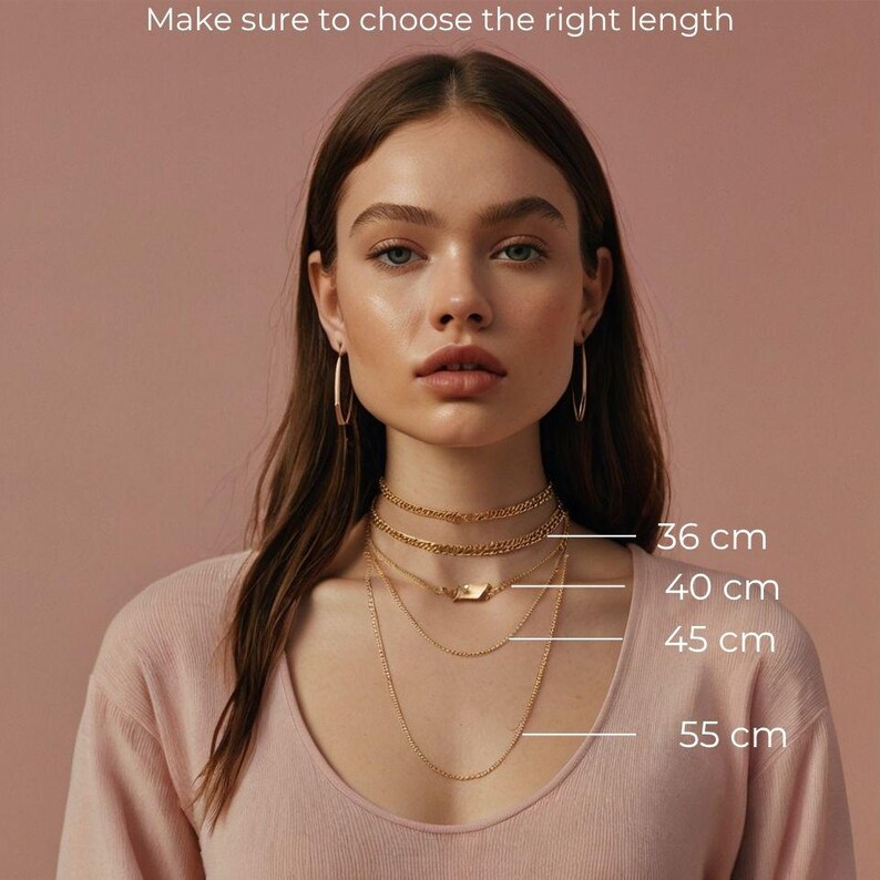 May include: A set of four layered gold-tone necklaces with varying chain styles and lengths, labeled with measurements of 36 cm, 40 cm, 45 cm, and 55 cm. The text "Make sure to choose the right length" is displayed at the top of the image.