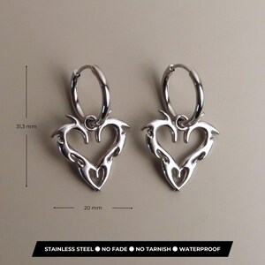 JIN - Cybersigilism Heart Earrings | Stainless Steel Huggies with Heart Pendant | Edgy E-Girl Jewelry in Silver image 3