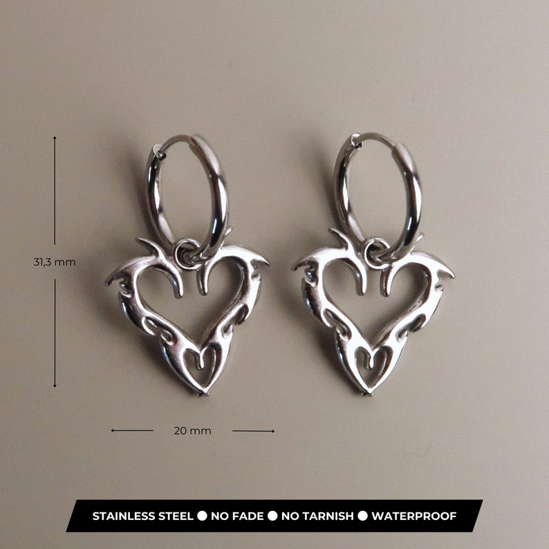 JIN - Cybersigilism Heart Earrings | Stainless Steel Huggies with Heart Pendant | Edgy E-Girl Jewelry in Silver image 3