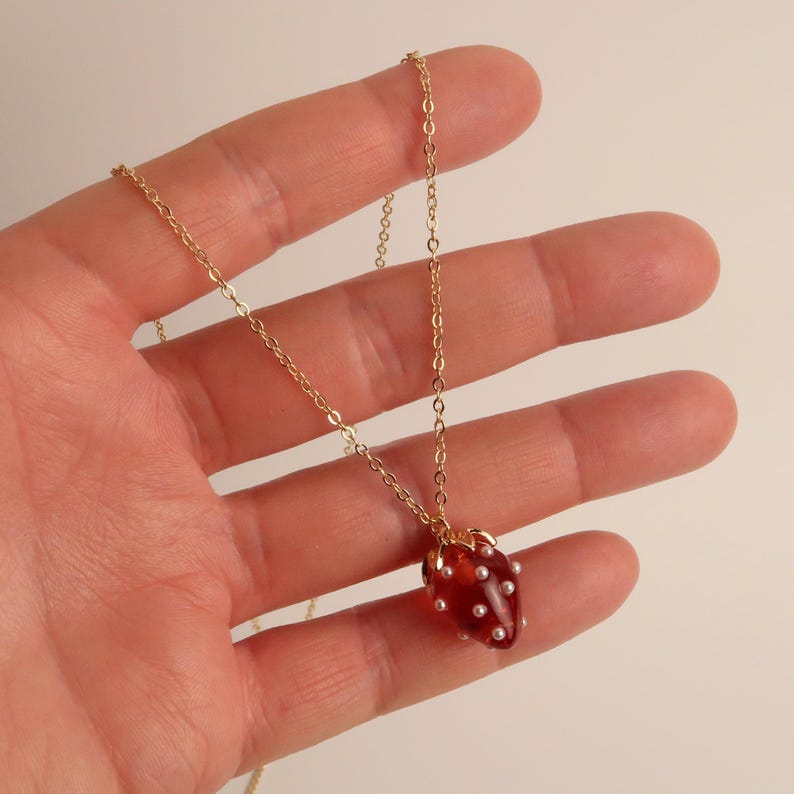 JUNA - Strawberry Necklace in Red & Pink | Delicate 18K Gold Plated Chain with Strawberry Pendant | Sweet Summer Jewelry image 5