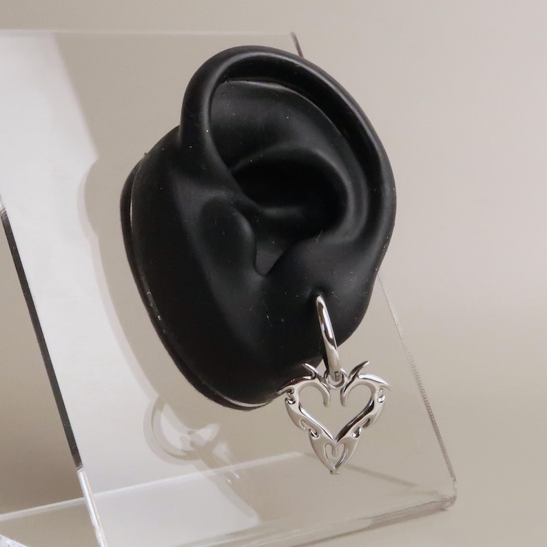 JIN - Cybersigilism Heart Earrings | Stainless Steel Huggies with Heart Pendant | Edgy E-Girl Jewelry in Silver image 9