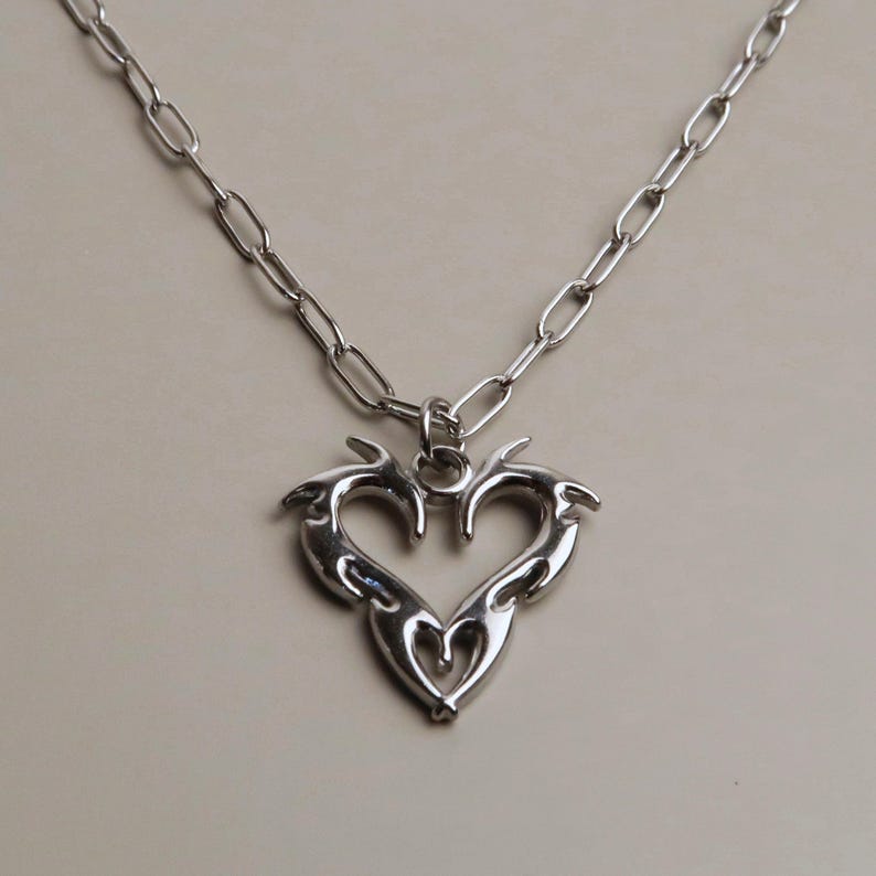 JIN - Cybersigilism Heart Necklace | Unisex Stainless Steel Necklace with Heart Pendant | Edgy E-Girl Jewelry in Silver image 8