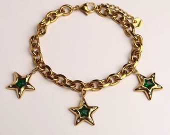 ALSIA - Pulsera con dije de estrella en oro y plata | Pulsera de acero inoxidable con dijes de estrella y circonita verde