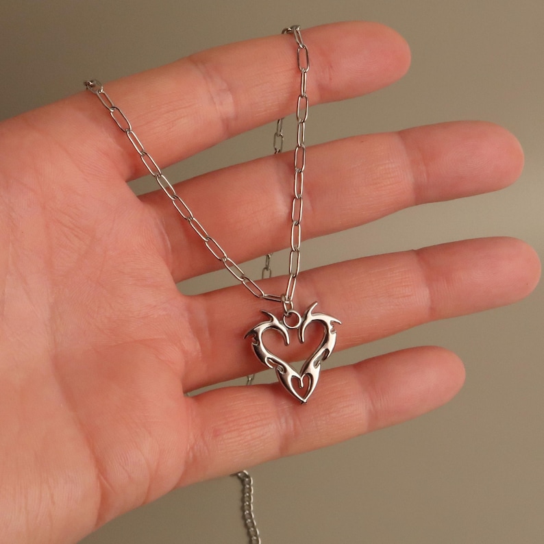 JIN - Cybersigilism Heart Necklace | Unisex Stainless Steel Necklace with Heart Pendant | Edgy E-Girl Jewelry in Silver image 4